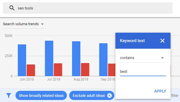 google keyword planner filters