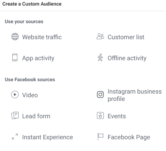 Different types of Custom Audiences on fb dashboard