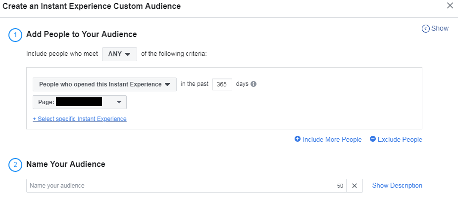 Creating Instant Experience custom audience on Facebook